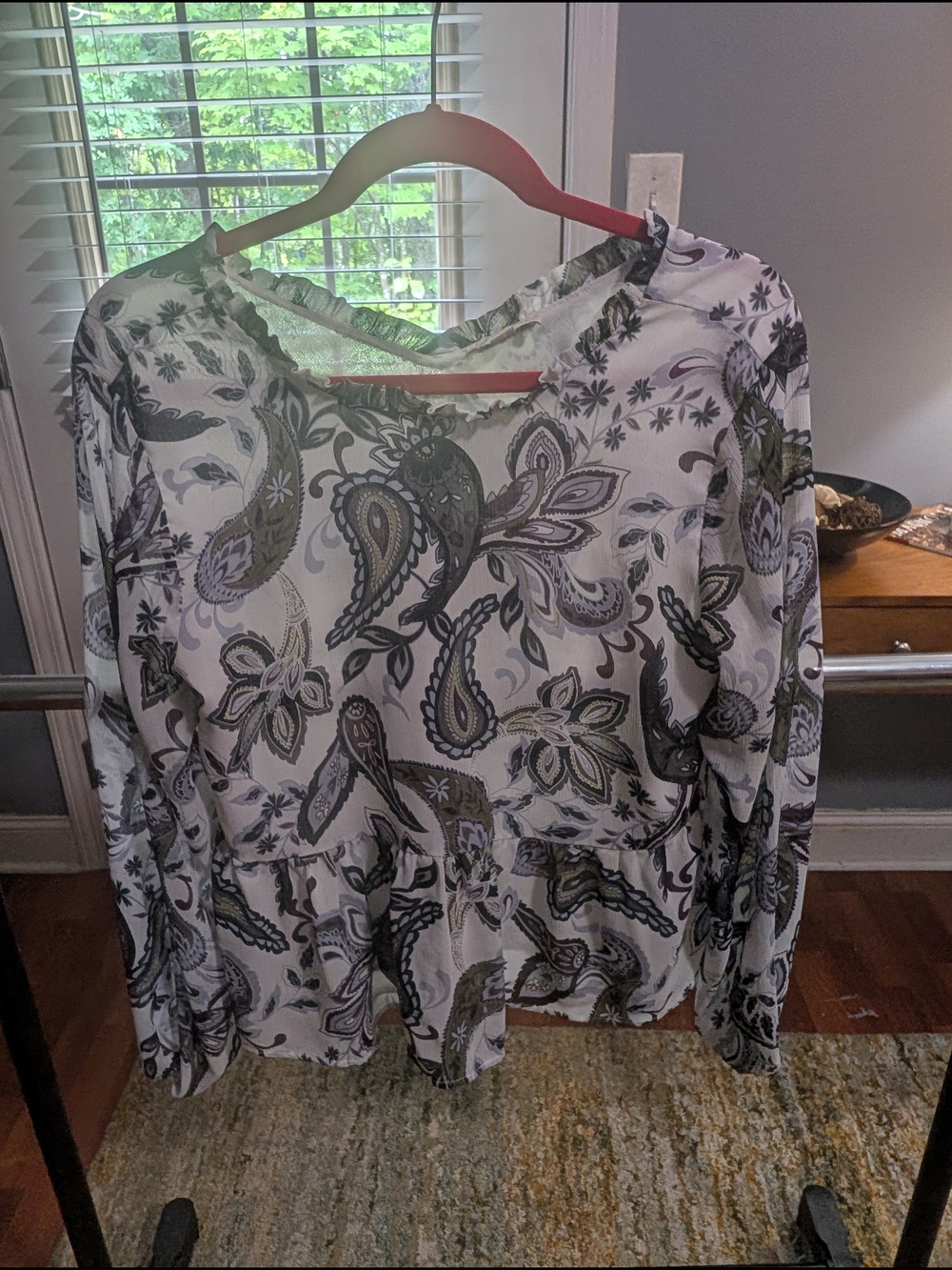 LOFT Olive Paisley Peplum Long-Sleeve Blouse